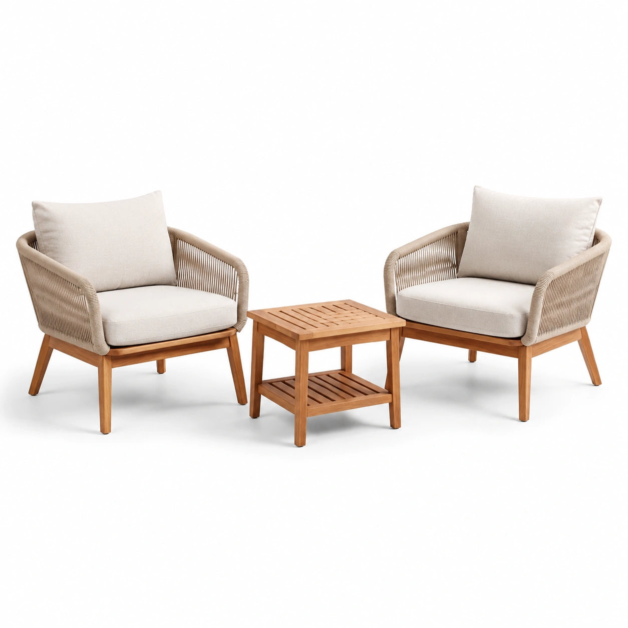 Set da giardino con 2 poltrone in legno e corda beige
