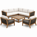Set salotto da giardino in legno teak e corda sintetica con cuscini crema
