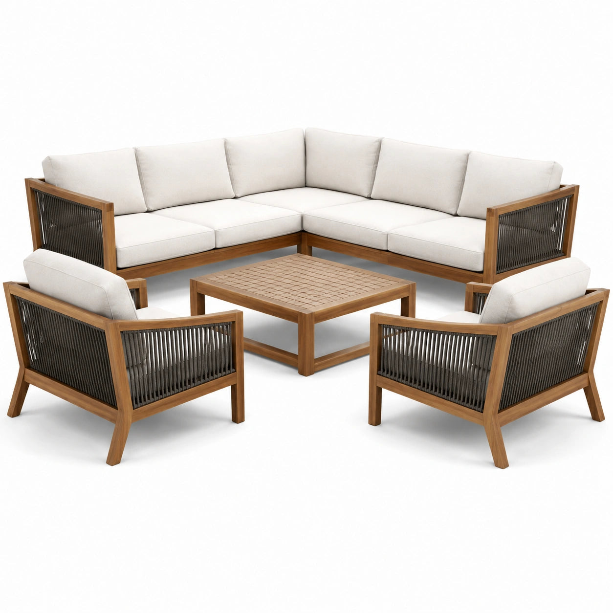 Set salotto da giardino in legno teak e corda sintetica con cuscini crema