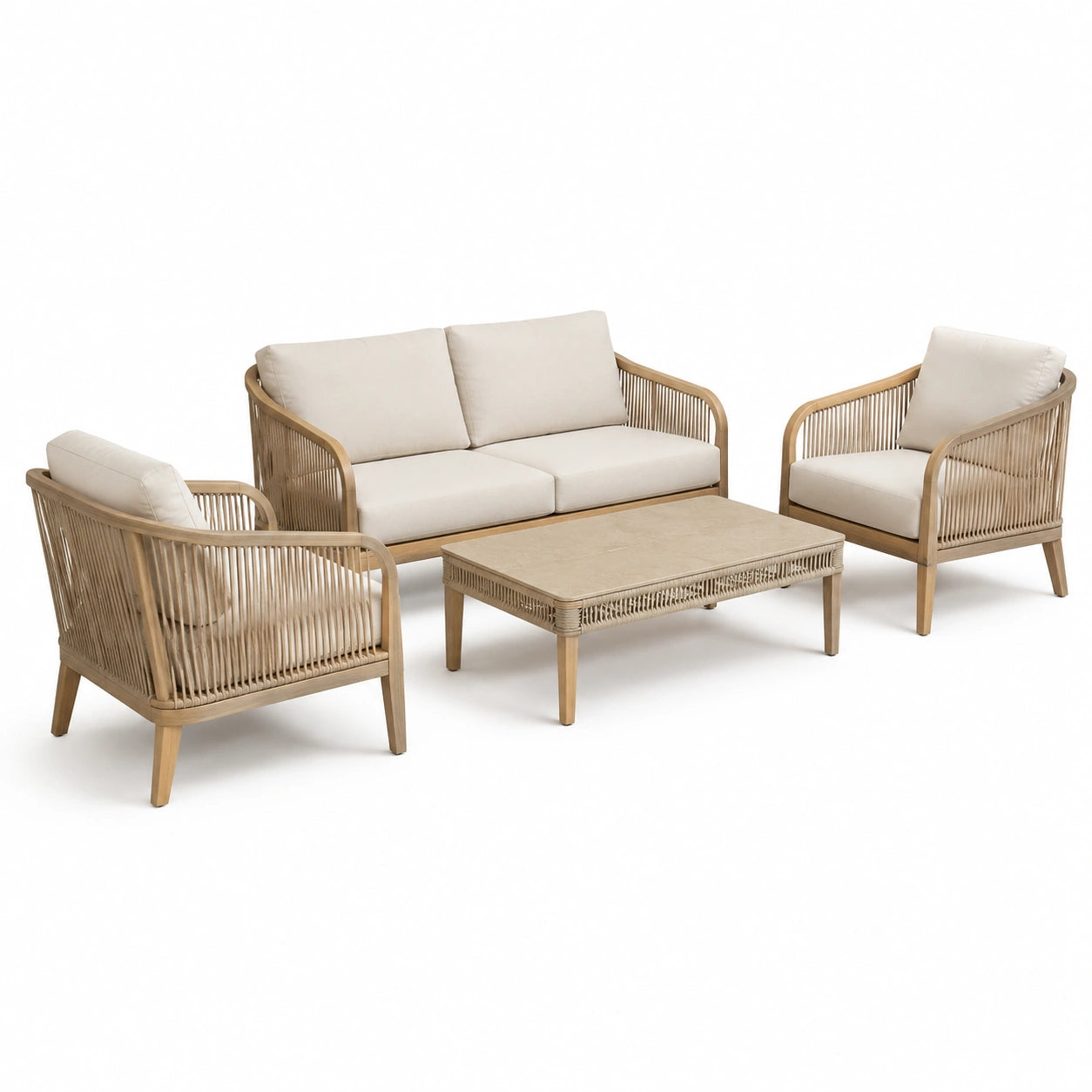 Set salotto da esterno in legno e rattan beige con divano e poltrone