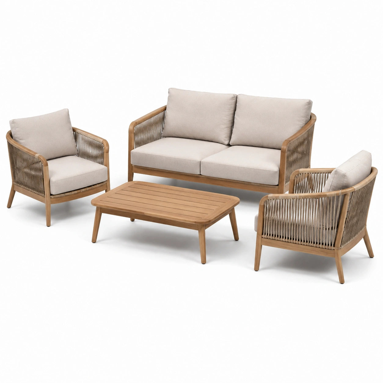 Set di mobili da giardino in legno e corda beige, 4 pezzi