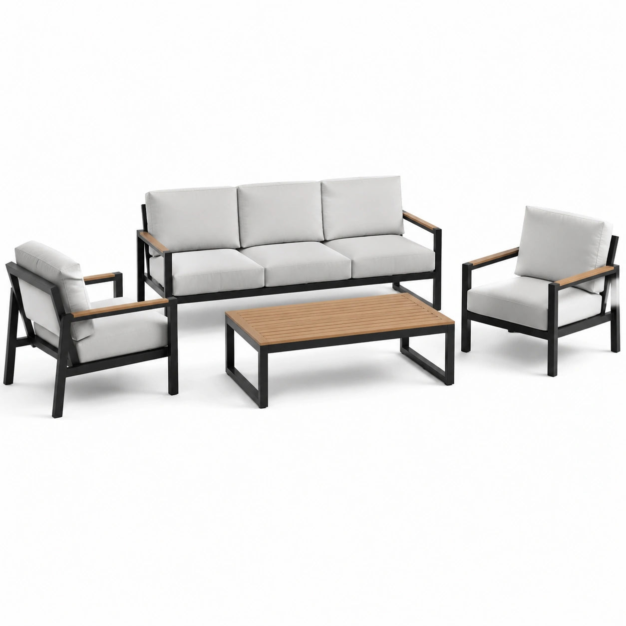 Set da salotto in metallo e legno con cuscini grigi