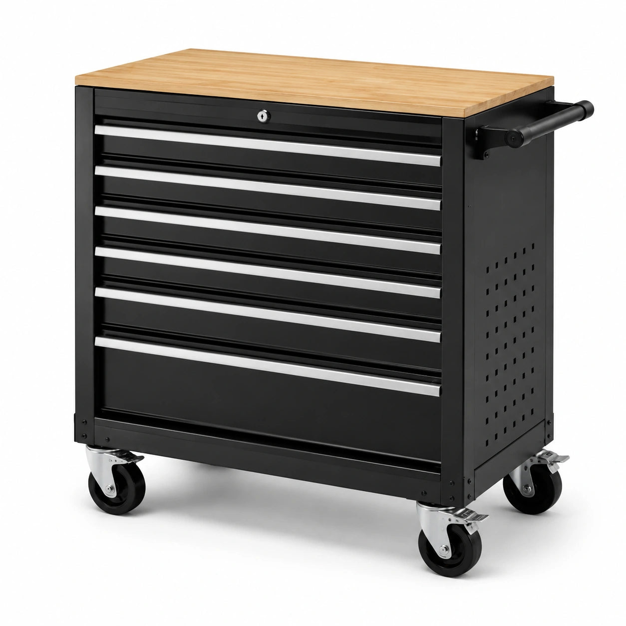 Carrello portautensili in acciaio nero con piano in bambù