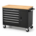 Carrello portautensili in metallo nero con piano in legno e 7 cassetti