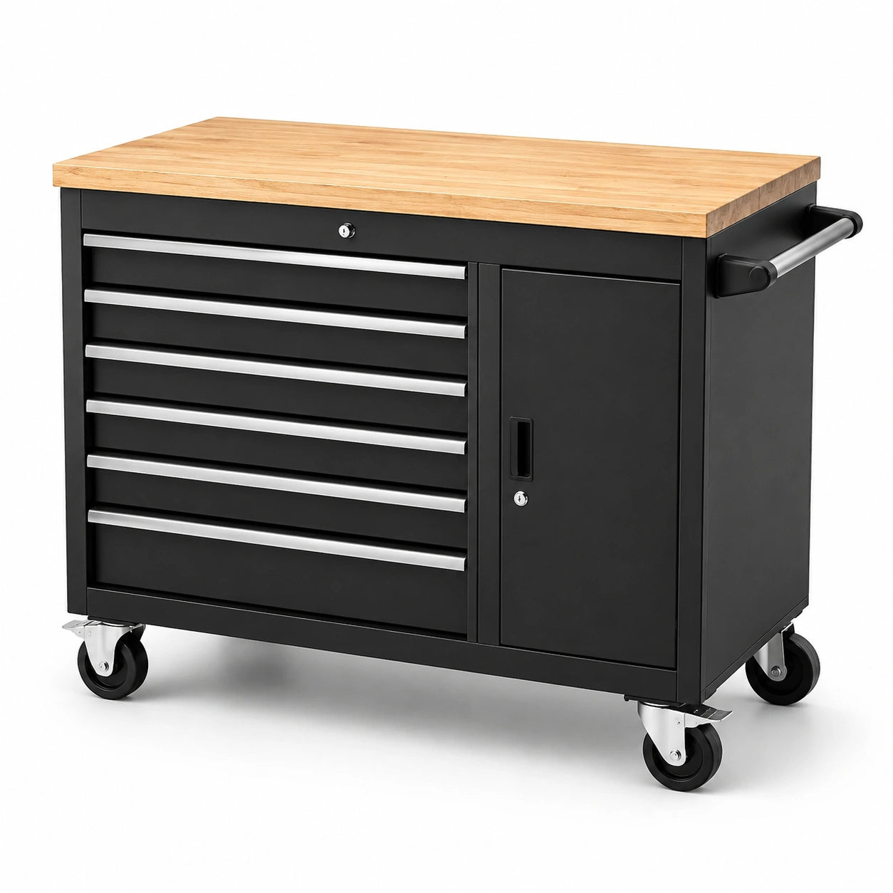 Carrello portautensili in metallo nero con piano in legno e 7 cassetti