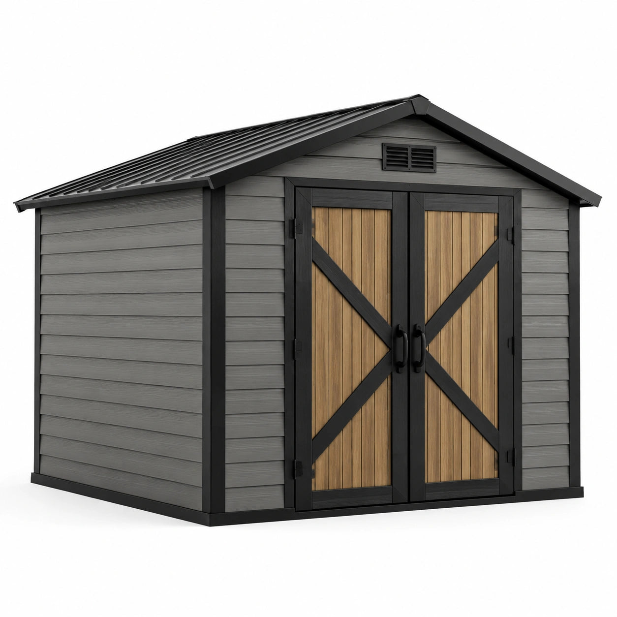 Casetta da giardino in plastica effetto legno con porte in legno 200x220x250 cm