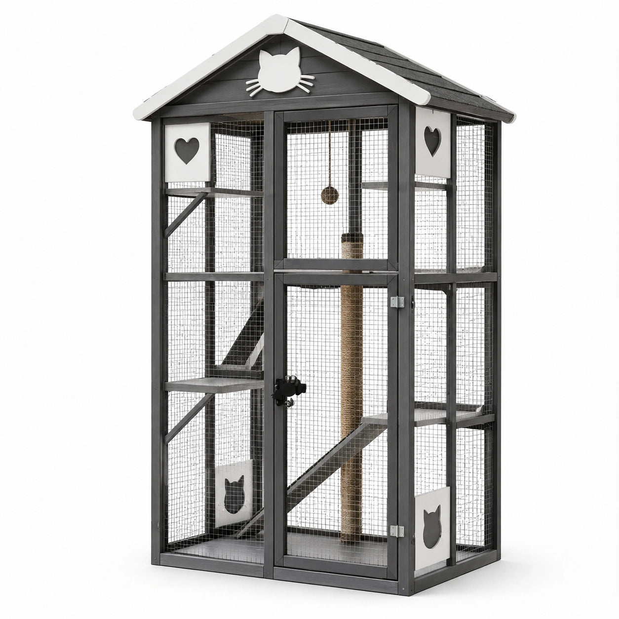 Gabbia per gatti in legno e metallo grigio con tettoia