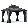 Gazebo in Legno e Metallo con Tende Blu