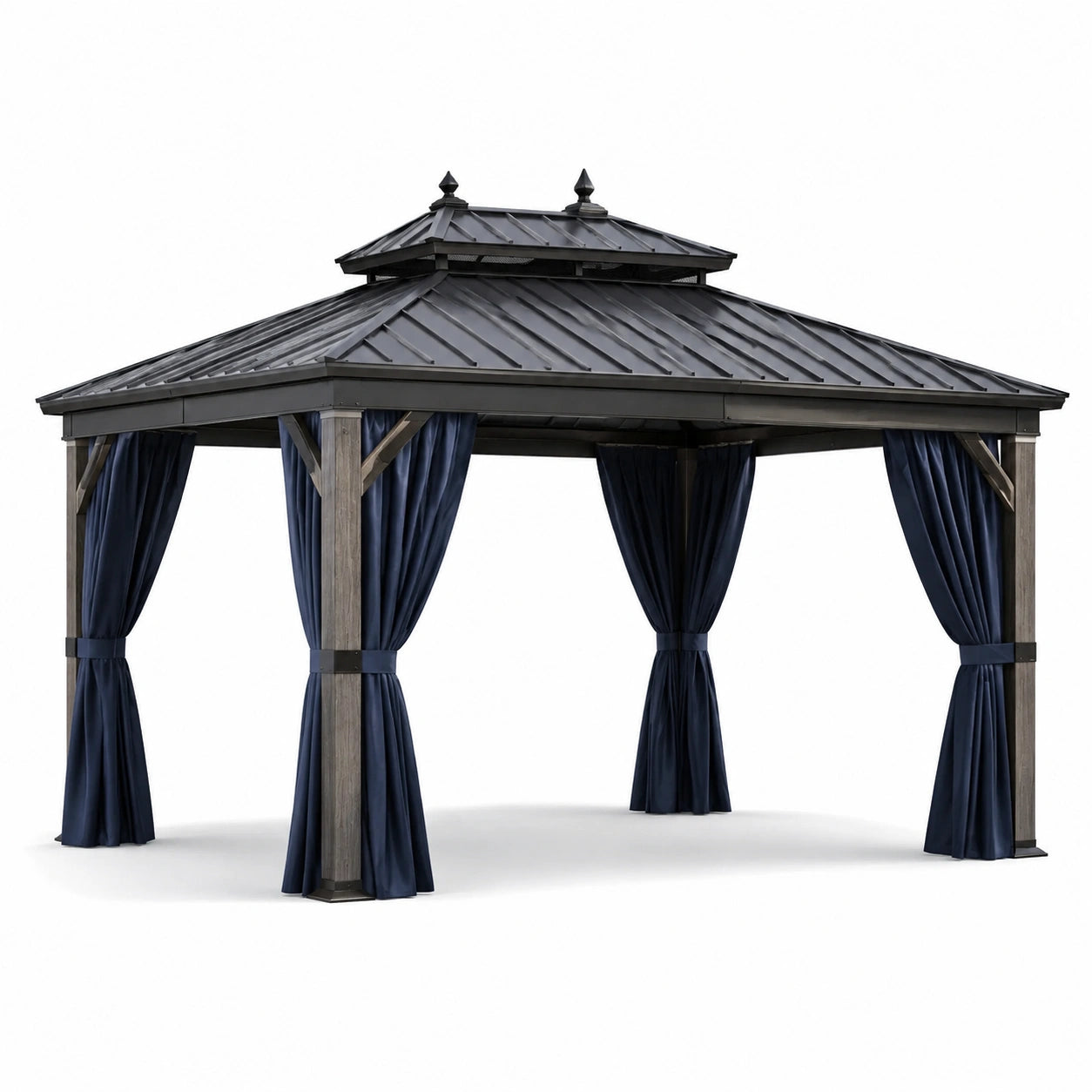 Gazebo in Legno e Metallo con Tende Blu