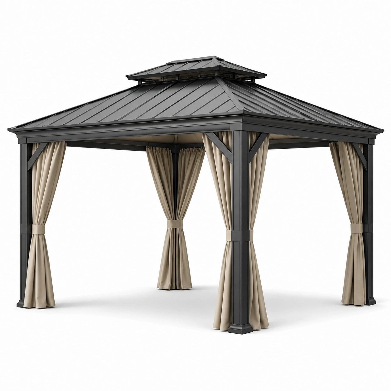 Gazebo quadrato in alluminio con tetto ventilato e tende in poliestere beige 3x3m