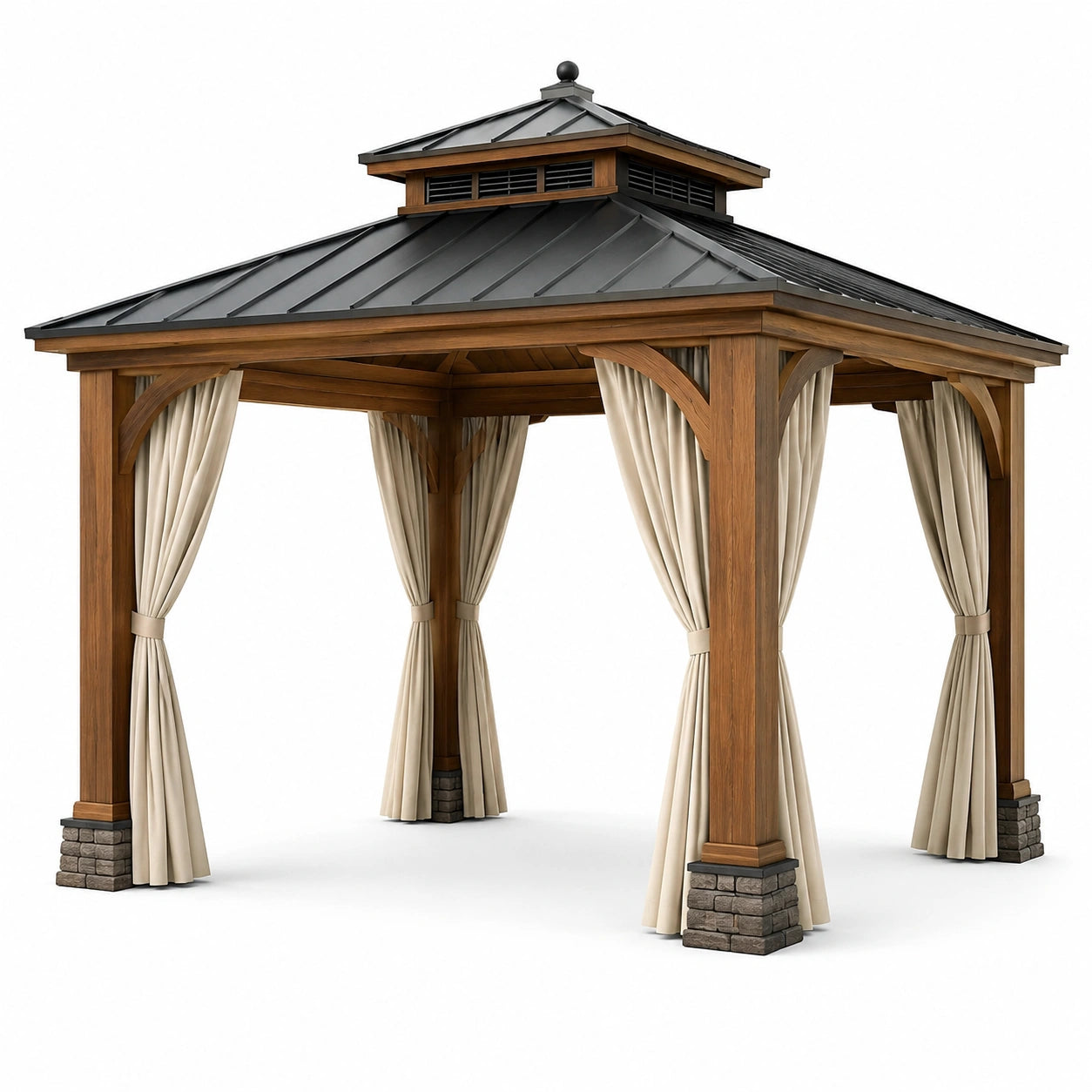 Gazebo in Legno e Acciaio con Tendaggi Beige